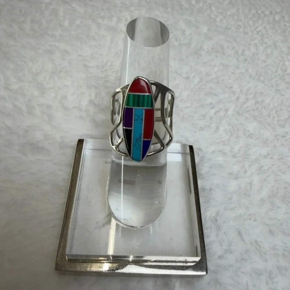 Sterling Silver Southwestern‎ Multi Gemstone Inlay Statement Ring Size 5.5